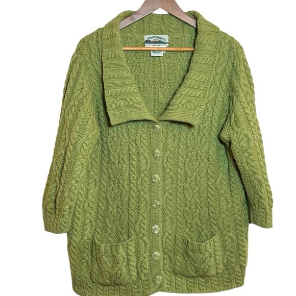 Aran Crafts Cable Knit Green 100% Merino Wool Made in Ireland Cardigan Sweater - Picture 1 of 7